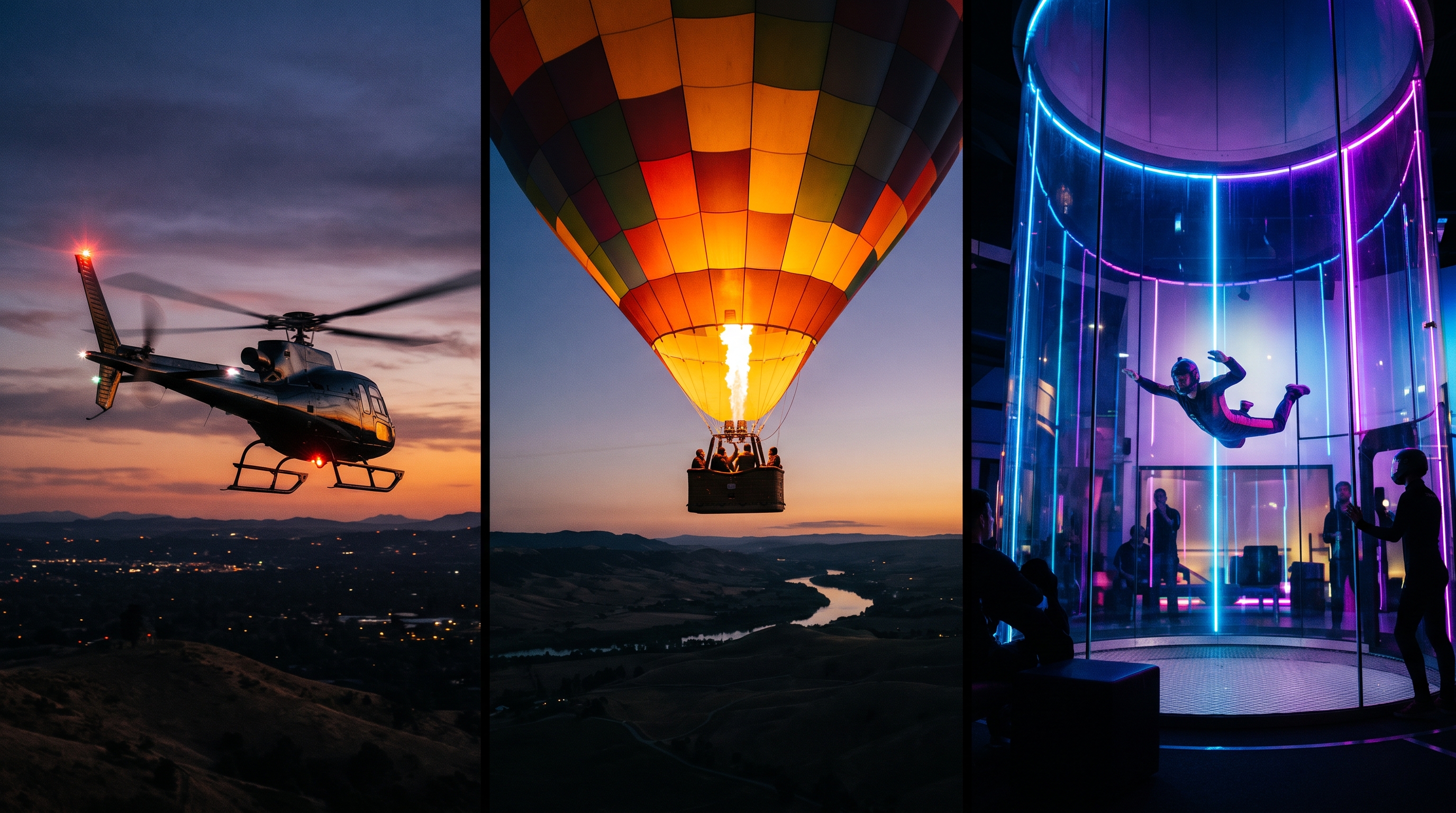 Helicopter, Hot Air Balloon, and Indoor Skydiving Experiences